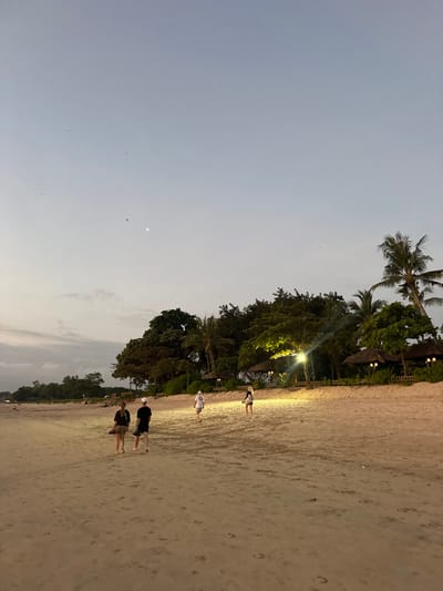 The image depicts a sandy beach with lush green trees and palm trees lining the edge. Several people are visible on the sand, walking and interacting. The sky is a pale blue, suggesting it is either early morning or late evening, with soft lighting illuminating the scene. A light post with a bright bulb is visible among the trees, indicating the presence of artificial lighting. The sand is textured with footprints and small debris, typical of a beach environment. In the distance, there appear to be some huts or structures nestled within the trees. The overall atmosphere seems peaceful and relaxed, with individuals enjoying the beach setting.
