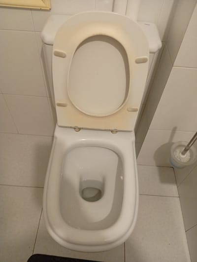 The image shows a white toilet with the lid and seat up, revealing the inner bowl. The toilet is in a tiled bathroom, with off-white square tiles on the walls and floor. To the right of the toilet, a toilet brush in a clear plastic holder stands on the floor. The toilet seat appears slightly yellowed or stained, particularly around the edges and hinges. The lighting is artificial, suggesting the photograph was taken indoors, likely during the day or evening. The scene is static, with no people or ongoing activity visible. The location is identified as Lalín, Spain.
