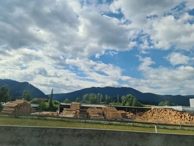 The image depicts a large industrial area with stacks of cut timber logs. In the background, there are rolling green hills and mountains under a partly cloudy sky. The timber is arranged in neat piles, some of which are under a covered structure. There is a sign visible that reads "EHINHOF R-BAU," suggesting this is a lumber yard or processing facility. The foreground shows a grey barrier, possibly a road or highway, suggesting the photo was taken from a moving vehicle. The scene appears to be an outdoor industrial landscape in a rural or semi-rural setting.