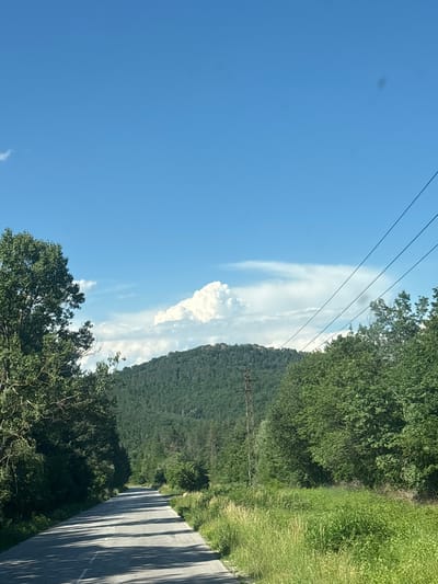 The image depicts a scenic view of a paved road winding through a lush, green landscape. The road is bordered by dense trees and tall grass, with shadows cast across its surface, suggesting it is a sunny day. In the background, a large, tree-covered hill rises, its peak dotted with rocky outcrops. A distinct cumulus cloud formation floats above the hill against a clear blue sky. The presence of power lines strung between poles indicates that this is a road in or near a populated area, likely a rural one. This scene is consistent with the natural beauty and terrain found near Topolovgrad, Bulgaria, a region known for its rolling hills and verdant forests. No people or specific actions are visible in the image.