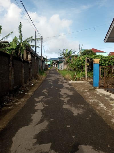 This image displays a narrow, wet asphalt residential road in Salai Har Htan, Myanmar, receding into the distance under a partly cloudy sky. The road surface exhibits multiple irregular dark patches, consistent with standing water or recent moisture.

To the left, a tall, dark grey concrete wall extends along the road, adorned with vertical support pillars and topped by dense green foliage, including prominent banana trees. Two black utility poles with multiple overhead electrical wires are positioned along this wall. Scattered litter, including white plastic fragments, is visible at the base of the wall adjacent to the road.

To the right, a lower concrete barrier is almost entirely obscured by lush green vegetation. A blue rectangular pillar with a light-colored, possibly ceramic, cap stands prominently, marking the entrance to a property that includes a partially visible brown metal gate. Further down the street on this side, several residential buildings with distinct roof colors (red and light blue) are observable through gaps in the greenery.

The background reveals additional housing structures and distant mountains, partially veiled by atmospheric haze, under a sky with both clear blue areas and dispersed white clouds. The scene is devoid of people or active subjects.