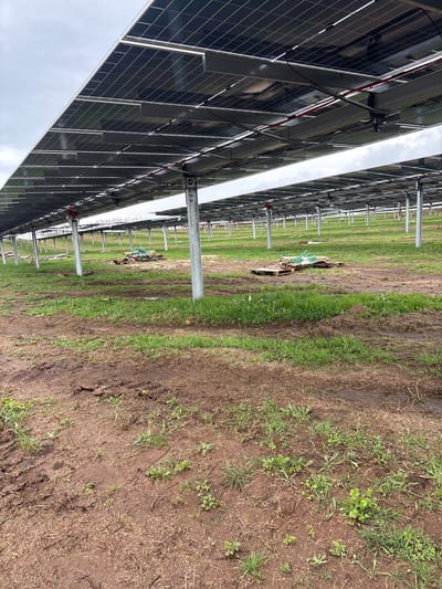 The image shows a ground-mounted solar panel installation near San Pietro di Caridà, Italy. Solar panels are arranged in rows, supported by metal frames. The ground beneath and around the panels consists of both grassy areas and patches of bare, muddy soil. A wooden pallet with some tubing or cables is visible in the field between the rows of solar panels.