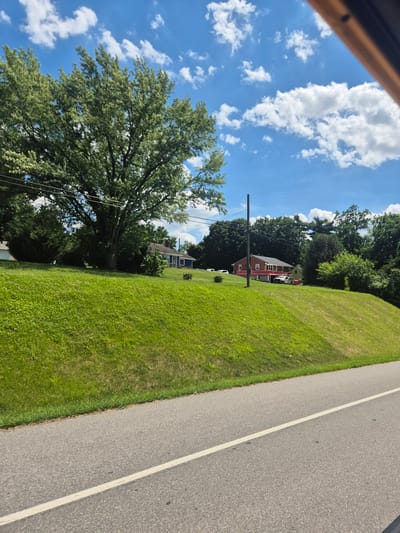 The image depicts a residential area with a bright blue sky filled with scattered white clouds. A grassy hill slopes upwards from a paved road in the foreground, which has a white line painted down its center. On top of the hill, several houses are visible, surrounded by lush green trees and vegetation. One house is painted blue with a red chimney, and another is brick with a red-trimmed porch. Several vehicles are parked in the driveways of the houses. A large tree with dense green foliage stands prominently on the left side of the image, with power lines running across it. The scene appears to be a sunny day in a suburban or rural setting in Leitersburg, United States of America.