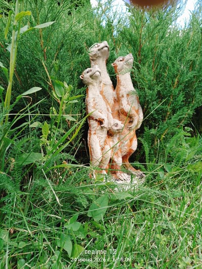 This media file features a statue of meerkats in a garden setting in Oseyevo, Russia. The statue depicts three adult meerkats standing upright and looking upwards, with a smaller meerkat nestled between them. The meerkats are light brown with orange-brown markings. They are positioned in front of a lush green hedge and surrounded by tall green grass and other vegetation. The scene appears to be outdoors during the daytime, with natural light illuminating the subjects. The overall mood is peaceful and natural. Visible text at the bottom of the image indicates "realme 12" and "24 июня 2026 г. в 19:09", suggesting it is a photograph taken with a Realme 12 phone on June 24, 2026, at 7:09 PM.