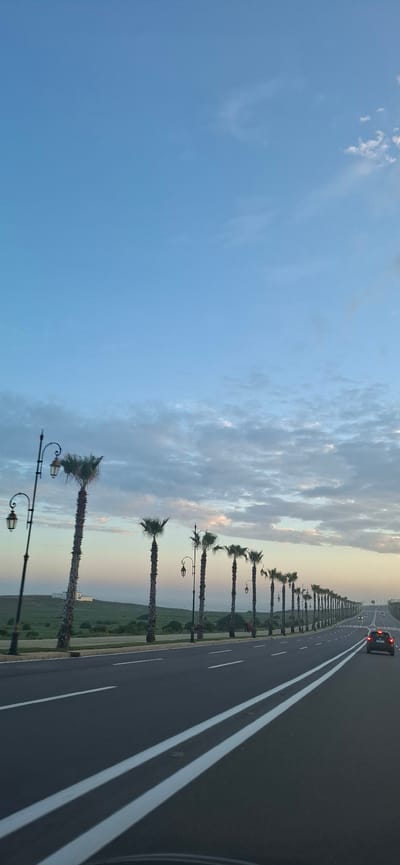 The image depicts a multi-lane asphalt road at twilight in Harhoura, Morocco. The road, featuring white solid and dashed lane markings, extends diagonally from the lower center towards the upper right, receding into the distance. A dark-colored passenger vehicle with illuminated taillights is visible in the far right lane, traveling away from the viewer.
Along the left side of the road, a uniform row of tall palm trees with visible trunks and green fronds lines a median or shoulder. Interspersed among these palm trees are traditional-style black streetlights with multiple ornate lanterns. Beyond this tree-lined area, a gently undulating green landscape stretches towards a body of water, identifiable as the ocean, visible on the horizon. A distinct white building with a dark roof is situated on a hillside within this green landscape, to the left of the road. Two indistinct human figures are discernible walking on the shoulder or pedestrian area near the palm trees in the mid-ground.
The sky occupies the upper two-thirds of the frame, displaying a gradient from a lighter, yellowish-blue near the horizon to a darker, deep blue overhead, with scattered grey and white altocumulus clouds. The ambient lighting suggests either dusk or dawn. The bottom edge of the image shows a dark, curved element, consistent with a vehicle dashboard, indicating the photograph was taken from inside a moving car.