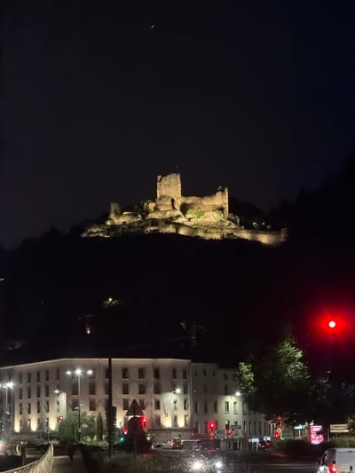 At night in Vienne, France, the ruins of a castle, illuminated by artificial lights, sit atop a hill. In the foreground, a multi-story building with numerous windows is lit from within. A street scene unfolds in front of the building, with traffic lights, streetlights, and moving vehicles. A bright red traffic light is visible to the right of the frame. Trees and foliage are interspersed throughout the scene. The sky is dark and clear, with a sliver of a moon or planet visible.