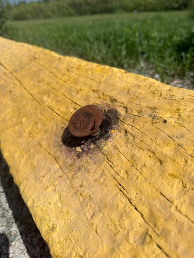 A close-up, eye-level, outdoor photograph shows a rusty nail embedded in a weathered, yellow-painted wooden beam. The beam is positioned diagonally across the frame, with its textured surface filling the foreground. The grain of the wood is visible beneath the chipped and worn paint. The nail head is circular with a raised, patterned design, and it casts a distinct shadow on the beam. The background is softly blurred, showing a strip of green grass and trees under a bright, possibly sunny sky. The location is identified as Cardwell, United States.