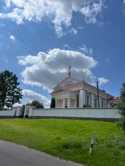 The image shows a large, white church with a pale pink trim, located in the city of Zhaludok, Belarus. The church features classical architectural elements, including a pediment, columns, and arched windows. A cross is visible on the roof, as are statues and decorative friezes. The church is surrounded by a white wall topped with decorative elements, and ornate black gates are visible in the wall. A lush green lawn with scattered wildflowers is in the foreground, with a paved road to the left. The sky is blue with fluffy white clouds, and power lines are visible stretching across the sky. A tall green tree stands to the left of the church. The overall scene depicts a sunny day in a peaceful, historical setting.