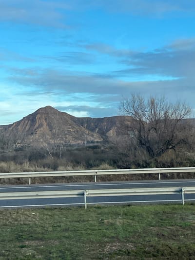 The image presents a semi-arid landscape situated near Fraga, Spain, viewed from an elevation consistent with a roadside perspective. The foreground exhibits a strip of patchy green and brown grass or low vegetation. Above this, a multi-layered highway guardrail extends horizontally across the frame, composed of a silver-colored upper rail and a darker lower section, supported by vertical posts. Behind the guardrail, a dark asphalt road with two parallel white lane markings is visible.

The midground features sparse, leafless deciduous trees and shrubs, their branches devoid of foliage. Faint vertical structures, consistent with power line pylons, are discernible among the midground vegetation on the left side. The background is dominated by large, eroded geological formations, specifically reddish-brown hills or low mountains with visible terracing or stratification, culminating in a distinct peak on the left. The sky above is partly cloudy, displaying patches of bright blue interspersed with elongated greyish-white clouds, indicating daytime conditions. No human figures or active interactions are present in the scene.