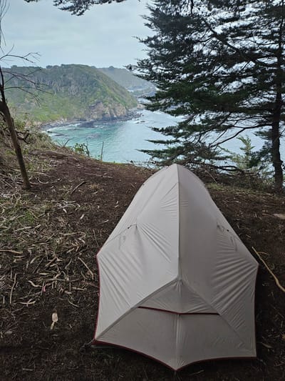 A landscape-oriented photograph captures a tent pitched on a hillside overlooking a rugged coastline in Hualpén, Chile. The foreground is dominated by the tent, likely nylon, white with red trim, and appears new. The ground around the tent is covered in dry leaves and small branches. Beyond the tent, the image opens to a vista of the Pacific Ocean, with waves crashing against the rocky shore. A verdant, hilly peninsula extends into the ocean, partially obscured by a light fog. The sky is overcast, contributing to the overall somber atmosphere. A conifer tree is visible to the left of the tent.