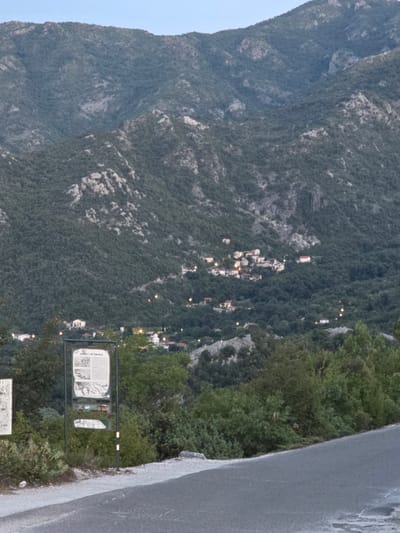 The image depicts a view of the village of Godinje, Montenegro, nestled within a lush, mountainous landscape. The foreground features a paved road with a gravel shoulder, leading the eye towards a series of informational signs. These signs, mounted on metal poles, appear to be educational displays, with one prominently featuring text and images, possibly related to local history or geography.
Beyond the signs, the terrain slopes upwards, covered in dense green vegetation that transitions into rugged, rocky mountain slopes. Scattered throughout the midground are houses with red or white roofs, some illuminated by lights, indicating a small settlement. The houses are situated amidst the trees and rocky outcrops, blending into the natural environment. In the background, the imposing mountain range dominates the horizon, its slopes covered in a mix of trees and exposed rock faces. The sky above is a soft, pale blue, suggesting either early morning or late evening light. The overall impression is one of a serene, semi-rural setting within a dramatic natural landscape.