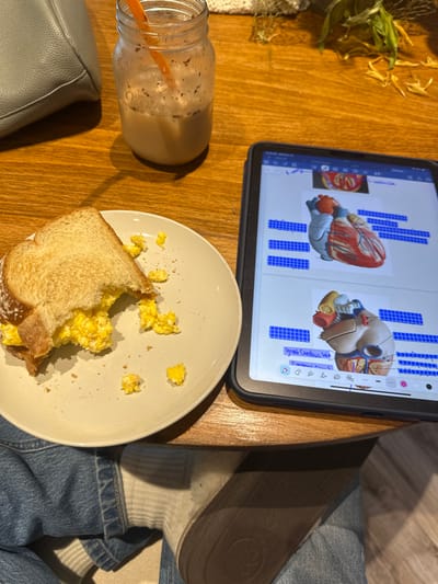 A wooden table is occupied by a gray purse, a mason jar half-filled with a beverage, and a plate containing a half-eaten sandwich with scrambled eggs. A tablet displays diagrams of human anatomy. Leg wearing jeans, a sock and a sandal is visible on the right edge of the picture and wilted green leaves are on the top left corner.