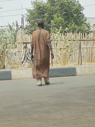 An adult male, viewed from behind, walks from right to left across a paved asphalt road in Daurawa, Nigeria. He wears a long, loose-fitting brown robe with sleeves rolled up to mid-forearm, light-colored trousers visible beneath the robe, and dark open-toed footwear. His hair is short and dark. A grey concrete road curb, with a lighter grey or white top stripe, runs parallel to the road on the right side of the frame. Beyond the curb, the background features green leafy trees, numerous light-colored shrubs, and a prominent woven bamboo fence. Behind the fence, elements of construction, including concrete blocks and rebar, are partially visible. A tall, thin, dark structure, possibly an antenna or utility pole, stands against a bright, hazy sky in the upper left background.