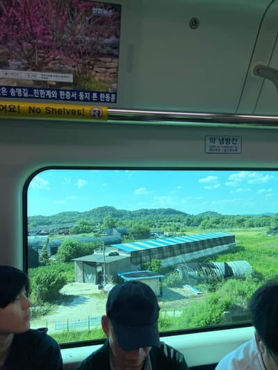 The image provides a view from inside a train or subway car in Goyang-si, South Korea, looking out a window. The exterior scene is a bright, sunny daytime landscape dominated by lush green vegetation, hills, and scattered white clouds in a clear blue sky. Agricultural structures are visible, including a prominent greenhouse with a distinctive blue and white striped roof, along with other smaller buildings nestled among the greenery.

In the foreground, the heads of two individuals, both wearing baseball caps, are partially visible as they look out the window, suggesting they are passengers on the train.

Inside the train, a vertical metal grab bar is present on the right side. Above the window, a sign in Korean, English, and Chinese characters reads "약 냉방칸" (Lightly air-conditioned car), indicating the specific conditions of the train car. To the left, a yellow strip with text prominently displays "No Shelves!". Further left, part of an advertisement or poster is visible, featuring the "연합뉴스" (Yonhap News) logo and a Korean headline related to political figures and the "천연기념물 화엄사 흥매화의" (Natural Monument Hwaeomsa Red Plum Blossom). The overall setting suggests a journey through a scenic, possibly rural or suburban, area.
