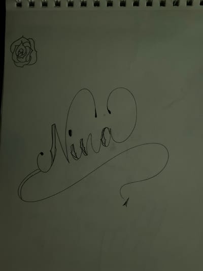 The image displays a sketch on a white notebook. In the top left corner, there is a drawing of a rose. To the right of the rose, a stylized signature appears to read "Nina". The signature is elongated and features loops and curves, with two dots above the letters. A faint, pointed shape resembling an arrow is drawn below and to the right of the signature. The notebook appears to be spiral-bound at the top. There is no information about the location of Elizabeth City, United States, in the image.