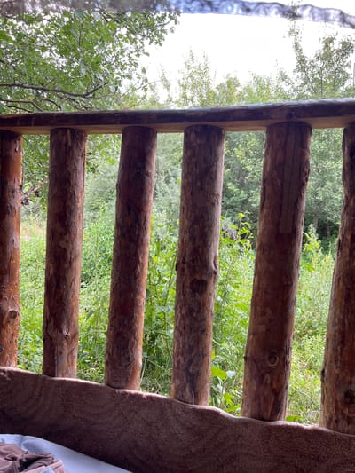 The image shows a close-up view of a wooden structure, possibly a railing or a ladder, made of rough-hewn logs. The logs are horizontally oriented and appear to be unfinished, with visible bark and natural textures. Between the logs, a lush green landscape of trees and foliage is visible. The scene is captured from a low angle, looking upwards through the gaps in the wooden structure.
On the right side of the frame, a brown, fuzzy material, possibly a blanket or upholstery, is draped over one of the logs, partially obscuring the view. The lighting suggests it is daytime, with a bright sky visible through the trees, indicating it might be a clear or partly cloudy day. The overall impression is one of being outdoors, in a natural setting, perhaps a rustic cabin or a campsite in a wooded area. There are no people or discernible text visible in the image. The presence of the blanket suggests a comfortable or residential aspect to the location.