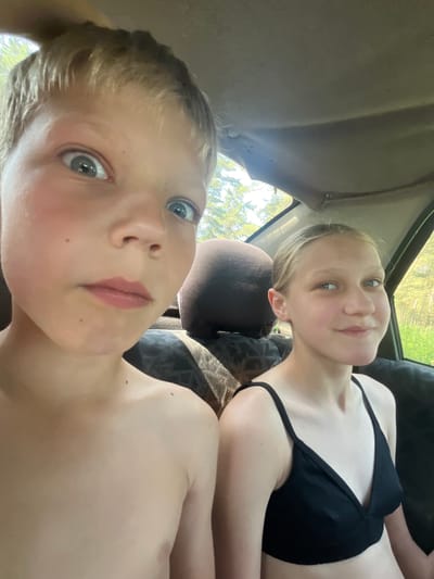 The media file is a selfie taken by two young individuals inside a vehicle, likely on a bright, sunny day as indicated by the dappled sunlight filtering through the trees visible in the background. The image is oriented sideways.
In the foreground, a child with blonde hair and blue eyes looks directly at the camera with a close-up shot of their face. They have wide eyes and slightly parted lips, giving an impression of surprise or curiosity. The child appears to be shirtless.
In the background, another individual, appearing to be older with blonde hair, is also looking towards the camera. They are wearing a black bikini top. Their face is partially obscured by the angle of the shot and the rotation of the image.
The interior of the vehicle is visible, including a fabric-covered roof lining and the headrest of a seat. The seats appear to be upholstered in a patterned fabric. The scene suggests a casual outing, possibly a road trip or a visit to an outdoor location. The background hints at a natural, possibly rural environment with greenery from trees. No text is visible in the media file.
