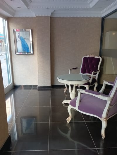 The image depicts a seating area inside a building, likely a hotel lobby or lounge, located in Kırıkkale, Turkey. The room features highly polished black tiled flooring, reflecting the ornate white and purple upholstered furniture. Two decorative armchairs with curved white frames and plush purple velvet cushioning are visible. Between them sits a small, round glass-topped table with a white pedestal base. On the wall, a framed picture of a peacock hangs prominently. The overall aesthetic suggests a luxurious and classic decor. The environment is indoors and appears to be well-lit, with light streaming in from a large window or glass door on the left side of the frame. There are no people visible in the image, and no actions or interactions are taking place. The scene is static and composed.