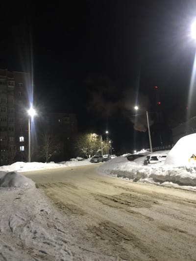 A night scene depicts a street lined with snow-covered curbs and parked cars. Streetlights illuminate the dark sky, casting light on the adjacent buildings. Bare trees stand between the lights. Smoke rises from a chimney stack. The scene conveys a sense of cold, urban isolation during a winter night.