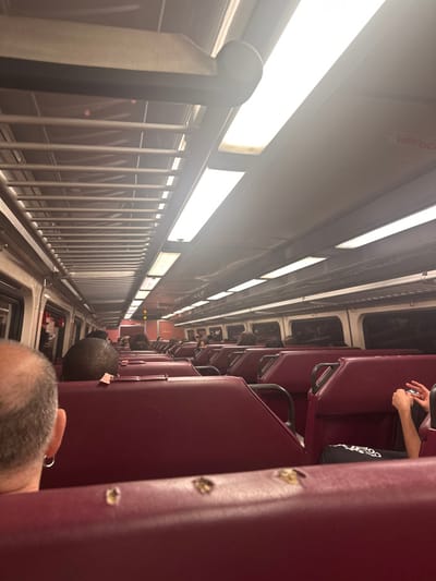 The image captures the interior of a passenger train car, identified as operating within or passing through Wellesley, United States. The perspective is from a seated passenger, looking forward down the aisle.

The foreground prominently features the back of a male passenger's head, partially bald with gray hair, wearing a silver hoop earring in the left ear. The maroon upholstered seat directly in front of the camera exhibits minor surface wear. Beyond this, rows of identical maroon seats extend down the train car. Several other passengers are visible, primarily from behind, occupying various seats. On the right side, the hands of a passenger are visible, holding a small, dark object.

The ceiling of the train car is white, equipped with multiple elongated fluorescent light fixtures that provide bright, overhead illumination. A metallic, grid-patterned luggage rack runs horizontally along the upper left side of the car. An "EMERGENCY" sign, rendered in red text, is visible on a ceiling panel towards the upper right. Windows line both sides of the car, appearing dark, which obscures any exterior view. The environment is orderly, indicating active transit with multiple individuals present in a seated, non-interacting state.