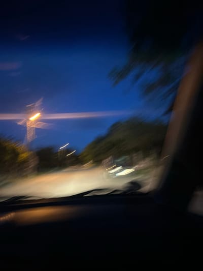 The image shows a blurred view from inside a vehicle at night or dusk. The left side of the frame features a dark blue sky with blurred streetlights. On the right side, a light-colored road is visible, bordered by trees or foliage. The image is out of focus and displays motion blur. The location, Pishtigovo, Bulgaria, cannot be confirmed from the visual data.