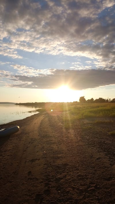 An outdoor scene depicts a sunrise or sunset over a body of water with a distinct shoreline, situated in Шолья, Russia. The sky occupies the upper portion, featuring scattered cumulus and stratocumulus clouds illuminated by the low sun. A prominent, intense sunflare is centered slightly above the horizon, casting warm, bright light across the landscape.
To the left, a calm body of water extends into the distance, reflecting the sky and exhibiting faint ripples. Reeds or tall grasses protrude from the shallow water near the shore. A distant, dark landmass is visible on the opposite bank.
The foreground is dominated by a sandy and gravelly shoreline or path that curves along the water's edge. Footprints are discernible in the sand, indicating recent passage. The ground texture shows small stones and dried vegetation debris. In the bottom-left corner, the bow section of a grey inflatable boat rests on the sand, oriented towards the water.
To the right of the shoreline, a strip of green grass and low vegetation extends towards a distant line of trees that forms the horizon on the right side. The sun's rays create long shadows and a warm glow over the grassy areas. A small white bird is visible in flight in the sky above the water, near the horizon. No people are present.