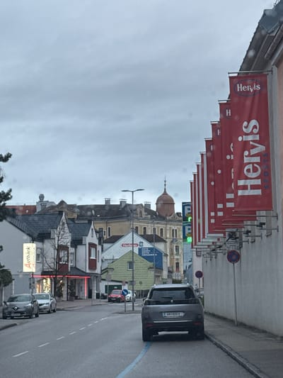 The image depicts a street view in Amstetten, Austria, on an overcast day. The street is lined with buildings of varying architectural styles, ranging from traditional Austrian designs with gabled roofs to modern commercial structures. Along the left side of the street, a series of red banners displaying the "Hervis Sports" logo are prominently displayed.
A dark-colored car with the license plate "AM 800 H" is visible on the right side of the street. Further down the street, other parked vehicles are present. Signage for "Hartlauer" and "Autback" is visible along the street front businesses. The overall atmosphere of the scene is urban, with a mix of residential and commercial elements.