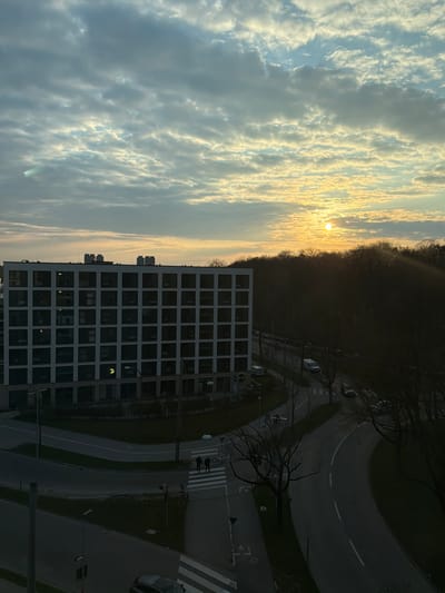 An elevated outdoor photograph depicts a modern urban landscape at twilight or dawn in the Wiley district of Neu-Ulm, Germany, likely overlooking an intersection near Edisonallee. The upper half of the frame is dominated by a sky with extensive altocumulus cloud cover, illuminated by a low-angle sun visible as a bright yellow disc in the upper right quadrant. The sunlight casts a warm, orange-yellow hue on the clouds near the sun, transitioning to blue-grey across the remainder of the sky.
In the midground, a six-story modern building with a light-colored facade and a repetitive grid pattern of dark square windows is prominently featured on the left. HVAC units are visible on its flat roof. One interior window on the building's third floor from the bottom is illuminated with a yellow light.
Below and in front of the building, an asphalt road network forms a complex intersection. White painted road markings, including pedestrian crosswalks, are present on the road surface. Two human figures, appearing as dark silhouettes, are walking across a crosswalk in the lower-center-left of the image. Several vehicles, including cars and three white vans, are observed on the roads; some are parked along the curb, others appear to be in motion. A dense line of bare deciduous trees forms a dark, undulating silhouette along the right horizon, partially obscuring the sun. Smaller, bare trees are scattered along the roadsides. The scene is illuminated by the low natural light, creating soft shadows and a general dimness.