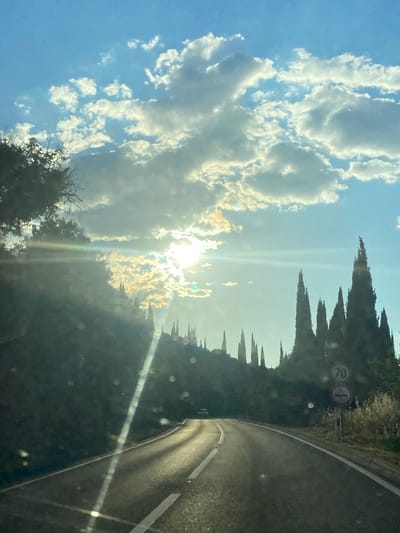 The image shows a view from a vehicle moving on a road in Palje Brdo, Croatia. The road curves to the right. Along the road's edge, tall, thin trees are present, partially obscuring the sun, which is shining brightly. A speed limit sign displaying "70" is visible on the right side of the road. The sky is blue with numerous white clouds. A few trees are in the lower left. The perspective is from inside the vehicle.