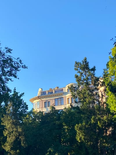This is a vertically oriented, low-angle outdoor photograph of a building with large windows, seen from below through a canopy of green trees. The sky is a clear, bright blue, suggesting a sunny day. The building appears to be several stories high and features decorative tilework between some of the windows, along with ornate trim along its curved facade and balconies. The trees are dense and leafy, with some sunlight filtering through their branches. The overall impression is one of a peaceful, pleasant day in an urban or semi-urban setting with abundant greenery. The photograph appears to have been taken during the daytime, likely late morning or afternoon given the brightness of the sunlight. There is no visible text in the image.