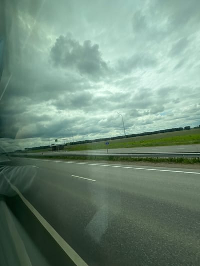 The image captures a highway scene under a cloudy, overcast sky, possibly from the perspective of a vehicle in motion. The road, paved with asphalt, features white lane markings. To the right of the road is a grassy embankment with a metal guardrail. Beyond the embankment, a vast, green field stretches towards a line of dark trees in the distance. Several streetlights are visible along the roadside, and a blue sign with the number "27" is posted on a pole. A pedestrian crossing sign is also present near the road. The overall impression is one of a rural or suburban highway. The location of Sharipovo, Russia, is not explicitly indicated in the visual content of the image.