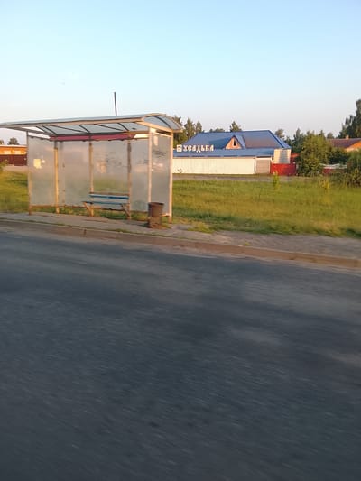 The image shows a bus stop shelter on the side of a road in Zhlobin, Belarus. The shelter is made of metal and has glass panels that are partially obscured by graffiti. A blue bench is visible inside the shelter. A trash can is located next to the shelter. In the background, there is a building with a blue roof and the word "УСАДЬБА" written on it in blue letters. The area around the bus stop is grassy, and there are trees in the distance. The sky is clear and blue, suggesting it is daytime. The road in the foreground is asphalt and appears to be wet.