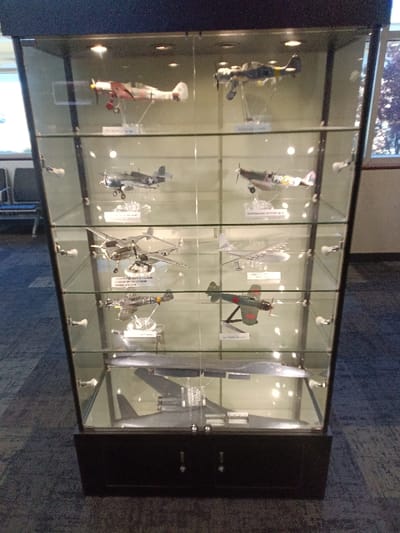 A vertical, dark-framed display case, approximately 1.8 meters in height, occupies the central foreground of the scene. The case features glass panels on its front and sides, housing five internal glass shelves, and is illuminated by internal spotlights. The base of the case is a dark wooden or metal cabinet with two small handles.
The display case contains a collection of miniature aircraft models, each mounted on a clear stand with an identifying label. From top to bottom, left to right:
- **Top shelf:** A white and red Focke-Wulf Fw 190 fighter plane, alongside a dark grey propeller aircraft labeled "Focke-Wulf Fw 190".
- **Second shelf:** A dark blue Grumman F4F Wildcat, positioned next to a camouflage Supermarine Spitfire Mk. I.
- **Third shelf:** A silver-grey Lockheed P-38 Lightning, with a light grey PBY Catalina flying boat adjacent to it.
- **Fourth shelf:** A dark grey Douglas SBD Dauntless, paired with a green and red Mitsubishi A6M2-N Rufe floatplane.
- **Fifth shelf:** A long, dark grey aircraft model resembling a reconnaissance or strategic bomber, such as a Lockheed SR-71 Blackbird.
- **Bottom shelf:** A dark grey, wide-winged aircraft model consistent with a Northrop B-2 Spirit stealth bomber, resting flat on the shelf.
The display case stands on a dark blue and grey patterned carpet. In the background to the left, a window shows diffused natural light and blurred outdoor foliage. Partially visible behind the case on the left are two dark-colored chairs with blue cushioned seats. The background to the right consists of a light-colored wall with a dark baseboard. No individuals or active interactions are present in the scene. The location is Park Hill, United States.