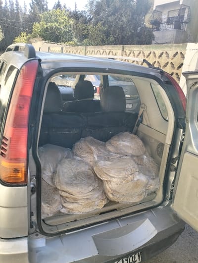 This image depicts the rear view of a silver-colored SUV, likely a crossover, with its tailgate open, in قرية الضبية, Syria. The cargo area of the vehicle is completely filled with numerous stacks of flatbread, each individually wrapped in clear plastic bags. The rear seats appear to be folded down or absent to accommodate the extensive cargo. The vehicle displays visible red and amber taillights on its left side and has roof rails. A partial Syrian license plate, ending with the digits "٦٩٥٤", is visible on the lower section of the rear bumper. The scene is outdoors during bright daylight. In the background, lush green trees and bushes are prominent, behind which a concrete wall with a decorative pattern is visible. Further back and higher, portions of a building with dark, cage-like structures (potentially security grates or balconies) can be seen. No individuals are present or engaged in any activity within the frame.