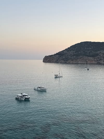 This is a vertically oriented, medium-shot photograph taken from a high vantage point overlooking a body of water next to a rocky, tree-covered cliff face. The sky is a pale gradient, transitioning from a light blue-grey near the horizon to a pale yellow and white at the top, suggesting either early morning or late evening. The water is calm with subtle ripples.

Several objects, which appear to be boats, are scattered across the water. Two are further out and closer to the cliff, one of which is a white sailboat with its mast visible. Closer to the foreground and to the right, there are three white motor yachts grouped together. The largest of these has a sleek, modern design. The scene appears to be a tranquil anchorage or a bay. There are no people clearly visible on the boats.

The location cues, the presence of sailboats and motor yachts, and the clear, calm water suggest a coastal Mediterranean setting. Es Camp de Mar in Spain is consistent with this visual information. The overall mood is serene and peaceful, enhanced by the soft lighting and the quiet expanse of the sea. There is no visible text in the image.