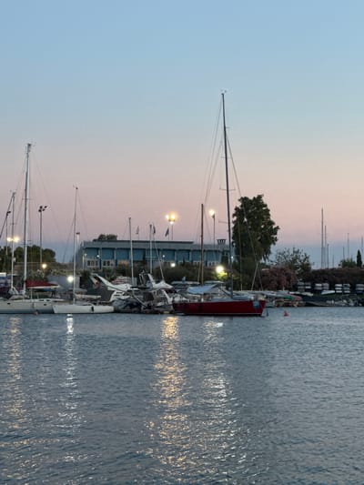 This is a vertical, eye-level, medium shot of a marina at dusk. The sky is a soft gradient of blue and pink, indicating either sunrise or sunset. The water of the marina is calm, with ripples reflecting the lights from the shore and the setting sun. Several sailboats are docked, their masts tall against the twilight sky. One prominent sailboat in the foreground is red, with a white cabin. The shoreline is lined with trees and buildings, some with lights on, suggesting a populated area. The overall mood is peaceful and serene, capturing the quiet beauty of a marina as day turns to night. No visible text is present. The location is identified as the Municipal Unit of Dafni, Greece.
