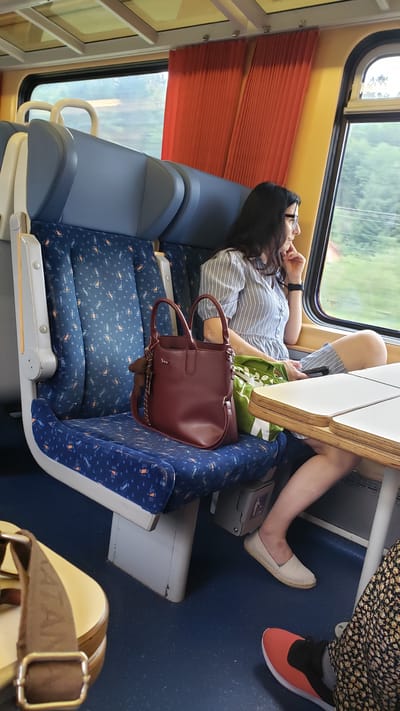 The image depicts the interior of a train compartment, likely in Nezbudská Lúčka, Slovakia. A woman with dark hair and glasses is seated by the window, looking outwards. She is wearing a striped dress and beige espadrilles. Next to her on the blue patterned seat is a burgundy handbag and a green shopping bag. A white table is positioned in front of her. In the foreground, another person's legs are visible, wearing a floral skirt and red sneakers. The train compartment features blue seats with a repeating pattern of small orange and blue shapes, and a bright yellow trim along the top of the windows. Orange pleated curtains are drawn back on the right side of the image. The overall impression is that of a passenger traveling by train through a green, tree-lined landscape.
