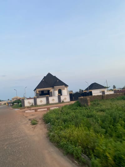 The image displays a residential street scene in Enwan, Nigeria. The foreground and left midground feature a two-lane road, characterized by a dark, textured asphalt-like surface on the left and a lighter, reddish-brown dirt or gravel path on the right edge, with visible puddles near a low curb.
On the right side of the road, two distinct houses stand behind perimeter fences. The prominent house on the left features a multi-faceted black shingle roof, white exterior walls adorned with gold and dark grey geometric patterns (including diamonds), and an arched window. Its perimeter fence matches the house's decorative style, incorporating columns and patterned panels. To its right, a smaller house is visible, also topped with a black shingle roof, partially obscured by a section of unfinished concrete block wall and a large patch of dense, vibrant green foliage that occupies the immediate foreground. A large black metal gate is situated between the two houses, providing access to one of the properties.
Along the left side of the road, at least two modern streetlights with solar panels are erected. Further down the road, a small group of approximately three to four indistinct individuals can be seen walking. The sky above is a clear, light blue with minimal cloud cover. The perspective suggests the photograph was captured from a moving vehicle, indicated by slight motion blur in the foreground vegetation.