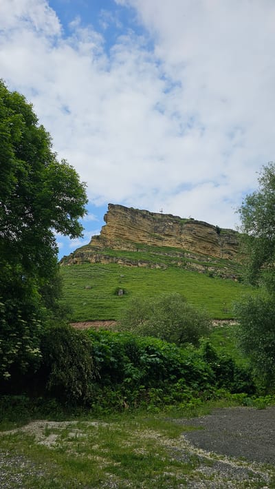 The image shows a dramatic cliff face, likely a geological formation, rising from a lush green grassy slope. The cliff is layered with bands of yellow and brown rock, exhibiting signs of erosion. At the very top of the cliff, two small, dark figures are visible, possibly humans or structures. The slope below the cliff is covered in short, vibrant green grass, with a few scattered rocks. A dirt path or road is visible cutting horizontally across the lower part of the slope. The foreground is dominated by dense green foliage, with large-leafed plants and trees forming a natural border. The ground in the immediate foreground is a mix of gravel and grass. The sky above is a bright blue with scattered white cumulus clouds. The scene appears to be a natural landscape, likely a park or a hiking area, given the presence of a path. The image is taken from a low angle, emphasizing the scale of the cliff. The overall impression is one of natural beauty and rugged terrain.