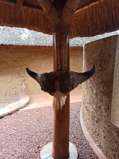 The image shows a large, dark animal skull mounted on a horizontal wooden beam. The skull features prominent horns. The beam is supported by a stone base and appears to be part of a structure with a thatched roof and stone or brick walls. The ground is covered with reddish gravel. The setting suggests an outdoor or semi-outdoor location with possibly rustic or cultural elements.