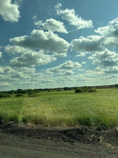 This image depicts a natural scene under a bright sky filled with fluffy white clouds. The perspective is from a ground-level viewpoint, looking upwards and across a vast, green field. The field is covered in tall, lush grass, suggesting a rural or agricultural setting. A dark, uneven dirt path or edge runs along the right side of the image, contrasting with the green of the field. In the distance, a line of trees forms a darker green border against the horizon, with hints of distant structures possibly indicating a small settlement.

The lighting suggests it is daytime, likely midday or early afternoon, given the brightness of the sky and the clear definition of the clouds. The weather appears to be fair and sunny, with the dramatic cloud formations adding visual interest to the otherwise serene landscape. There are no people or specific objects visible in the frame, focusing solely on the expanse of nature. The location context provided indicates this scene is in Ruzhyn, Ukraine. No text is visible in the image. The overall mood conveyed is one of open space, natural beauty, and perhaps a sense of tranquility.