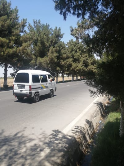 A white minivan with a license plate that reads "75 094 WA" is driving on an asphalt road lined with trees. The minivan has tinted windows and a yellow and blue stripe along its side. A person's arm is visible through the driver's side window. The road appears to be in a semi-rural or suburban area, with fields visible in the background. The sky is clear and blue. A small ditch with water and grass runs alongside the road.