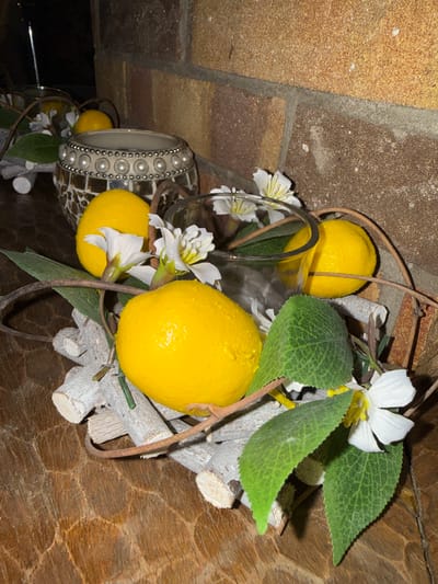 This media file captures a close-up, overhead view of a decorative arrangement featuring lemons, white artificial flowers, and green artificial leaves. The composition is set against a textured background that appears to be a combination of brick and wood. The lemons are a vibrant yellow and show subtle details like water droplets, suggesting a fresh appearance. They are interspersed with the faux white blossoms and foliage, creating a naturalistic, yet artificial, botanical display.

A clear glass vase or container is partially visible, holding some of the arrangement. To the left of the main floral and lemon display, a decorative bangle or bracelet is visible. It is light-colored and adorned with a repeating pattern of what appear to be faux pearls or beads. The overall scene is static, with no apparent activity or event taking place; it appears to be a still-life composition.

The background elements, particularly the brickwork on the left and the wood grain on the right, provide context about the setting. The lighting suggests an indoor environment, possibly with artificial light, as there are some shadows cast by the objects. There is no visible text within the image. The overall aesthetic is one of rustic charm with a touch of elegance, likely a decorative piece for a home or event. The specific location of Hiddenhausen, Germany, is noted, but this information is not visually discernible from the image itself.