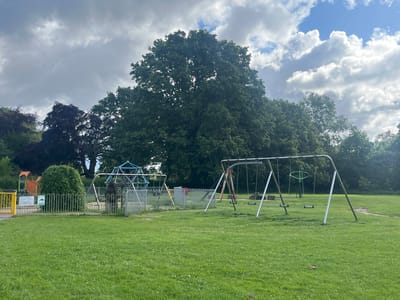 The image depicts a children's playground in a park located in Trafford, United Kingdom. The playground features a metal climbing frame with a blue net structure, a set of swings with red and green seats, and another swing set with green seats. In the background, a large deciduous tree dominates the scene, with other trees forming a dense backdrop. The park is covered in a green lawn with scattered white wildflowers. A metal fence encloses parts of the playground, and a path is visible in the grass on the right side of the image. The sky is partly cloudy with patches of blue sky visible. There are no people or animals visible in the image.