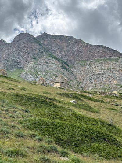 The image depicts a mountainous landscape in El'tiubiu, Russia. In the foreground, a grassy slope is dotted with low-lying green bushes and dry grass. Several ancient stone structures, resembling conical tombs or towers, are visible on the hillside. The middle ground is a steep, rocky mountain face with visible striations and layers, indicating geological formations. Patches of green vegetation cling to the mountainside in places. The background is dominated by a large, imposing mountain peak under a cloudy, overcast sky. A small, weathered stone wall and a signpost are situated on the far right of the image, near the base of the mountain.
