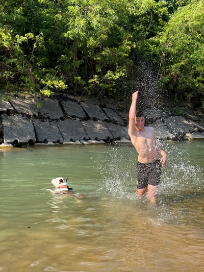 A young man is in shallow water, possibly a river or lake, and is throwing water. He is wearing black swim trunks with a yellow stripe. A dog is in the water to the left of the man, swimming and looking to the right. The dog is wearing a white bandana. The background consists of a concrete embankment topped with lush green trees. The sun is shining brightly, creating reflections on the water. The scene appears to be in a natural setting within or near the city of Krasnoye, Russia.