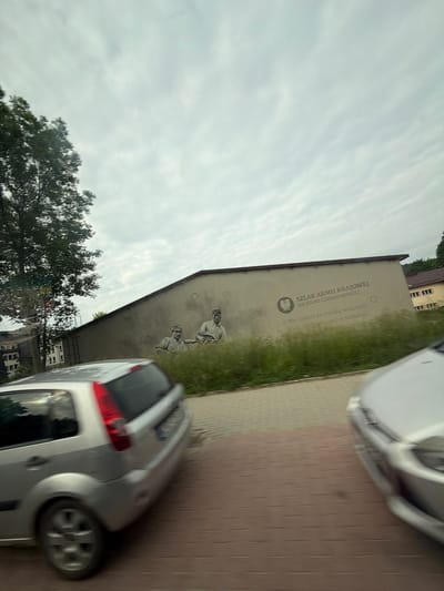 The image captures a street scene in Limanowa, Poland, featuring a mural on a building's exterior wall. The mural depicts two individuals, likely soldiers, rendered in a grayscale style. Text is present on the wall above the mural, reading "SZLAK ARMII KRAJOWEJ NA ZIEMI LIMANOWSKIEJ" and a subsequent line which is partially obscured. To the left of the mural, a mature tree with dark green foliage stands tall. In the foreground, two silver cars are visible. The car on the left is a hatchback, partially obscuring the building. The car on the right is in motion, its front end visible. The ground is paved with reddish-brown bricks. The sky is overcast with a light gray color and scattered clouds. The overall scene suggests a cloudy day in an urban or semi-urban environment.