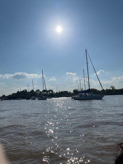 The image shows a view of a marina in San Fernando, Argentina, on a sunny day. Several sailboats are moored along a pier, their masts reaching toward the sky. The water is choppy, reflecting sunlight. The sky is blue with scattered cumulus clouds. The sun is visible, creating a strong glare. Trees line the waterfront. The orientation of the image is vertical.