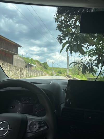 The image is taken from inside a car, with the dashboard and steering wheel prominently visible. Outside the car window, a street scene unfolds in Amarante, Portugal. A cloudy sky hangs above a road lined with vegetation. There's a structure that appears to be a stone wall or building along the roadside. The viewpoint suggests the car is either parked or moving slowly on a road in a somewhat hilly or elevated area of Amarante. The focus is divided between the car's interior and the landscape visible through the windshield.