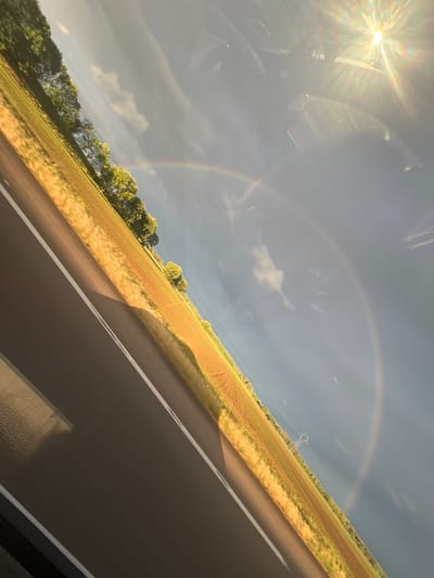 The image, likely taken from inside a moving vehicle, shows a portion of a road with a white dividing line. Beyond the road lies a cultivated field stretching into the distance. A row of trees borders the field. Above, a double rainbow is visible against a sky with scattered clouds. The sun shines brightly in the upper left, causing lens flare. The location is likely rural, potentially near Kintzheim, France. There are no people visible in the image.